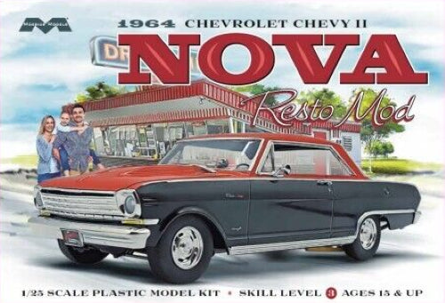 Detailed model kit of a 1964 Chevy Nova Resto Mod, perfect for enthusiasts to customize and assemble.
