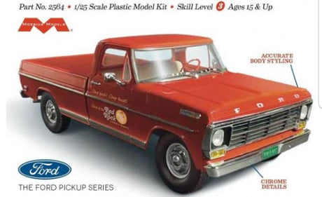 Model kit of 1/25 scale '68 Ford F-250 Custom Cab for hobbyists, featuring precise parts for easy assembly and customization.