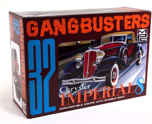 Model kit of a 1932 Chrysler Imperial, featuring vintage black plastic, gangster accessories, and bonus police motorcycle.