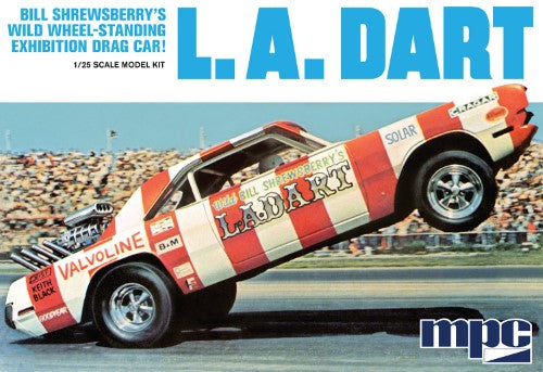 MPC 1/25 LA Dart Wheelstander model kit with 426 Hemi engine, chrome scoop, and 68 detailed parts for vintage racing enthusiasts.