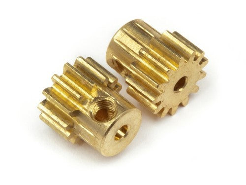 Two 13-tooth brass pinion gears designed for improved performance in RC vehicles, enabling better speed and durability.