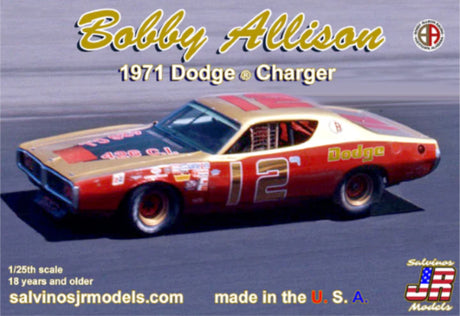 Detailed model kit of Bobby Allison's 1971 Dodge Charger, featuring a flat hood and precision parts for collectors and enthusiasts.