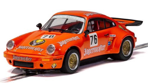 GT Porsche 911 RSR 3.0 #76 in Jägermeister livery, showcasing 'whale tail' wing for thrilling slot car racing.