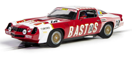 Scalextric Chevrolet Camaro Z/28 #14 in red and white, a replica from the 1980 Spa 24 Hours race for slot car enthusiasts.