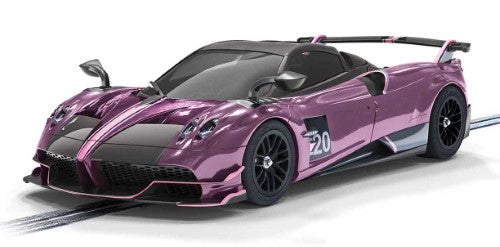 Pagani Huayra BC Roadster in vibrant purple, featuring intricate details for optimal performance on Scalextric tracks.
