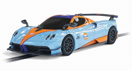 Gulf Pagani Huayra Roadster slot car featuring iconic Gulf Oil livery, perfect for collectible racing setups.