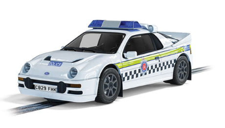 Ford RS200 Police Edition slot car with authentic police livery, working lights, perfect for Scalextric tracks.