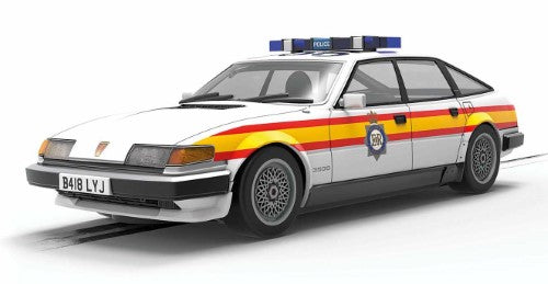 Police Rover SD1 slot car with authentic markings and working lights, captures 1980s police chase nostalgia and action.