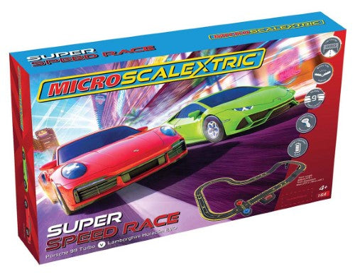 Slot car racing set featuring Lamborghini Huracán EVO and Porsche 911 Turbo with customizable track and speed controllers.