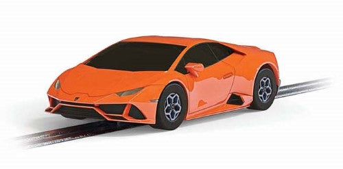 Micro 9v Huracan Orange slot car, 1:64 scale Lamborghini, vibrant orange, V10 engine sound, perfect for racing and collectors.