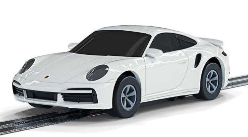 Micro 9V Porsche 911 Turbo in white, 1:64 scale slot car with turbocharged engine and Magnatraction for enhanced racing performance.