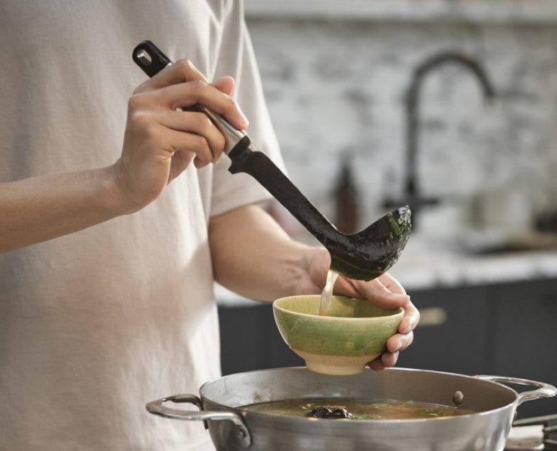 Joseph Joseph Elevate Silicone Ladle with deep silicone head and stainless-steel handle, designed for hygiene and efficiency.