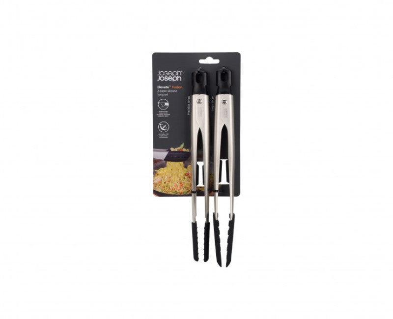 Joseph Joseph Elevate Fusion 2pc Silicone Tong Set with heat-resistant tips, stainless steel arms, and integrated tool rests.