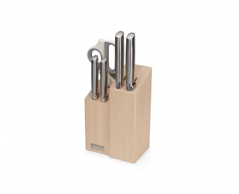 Joseph Joseph Elevate Fusion 5pc Knife & Scissor Block Set featuring high-quality knives and ergonomic scissors in a stylish beechwood block.