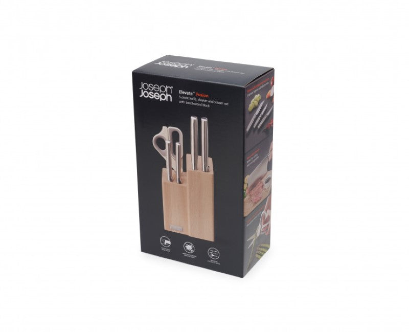 Joseph Joseph Elevate Fusion 5pc Knife & Scissor Block featuring stainless steel knives and stylish beechwood storage.