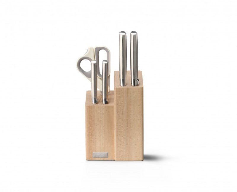 Joseph Joseph Elevate Fusion knife set with beechwood block, featuring Japanese stainless steel knives and kitchen scissors.