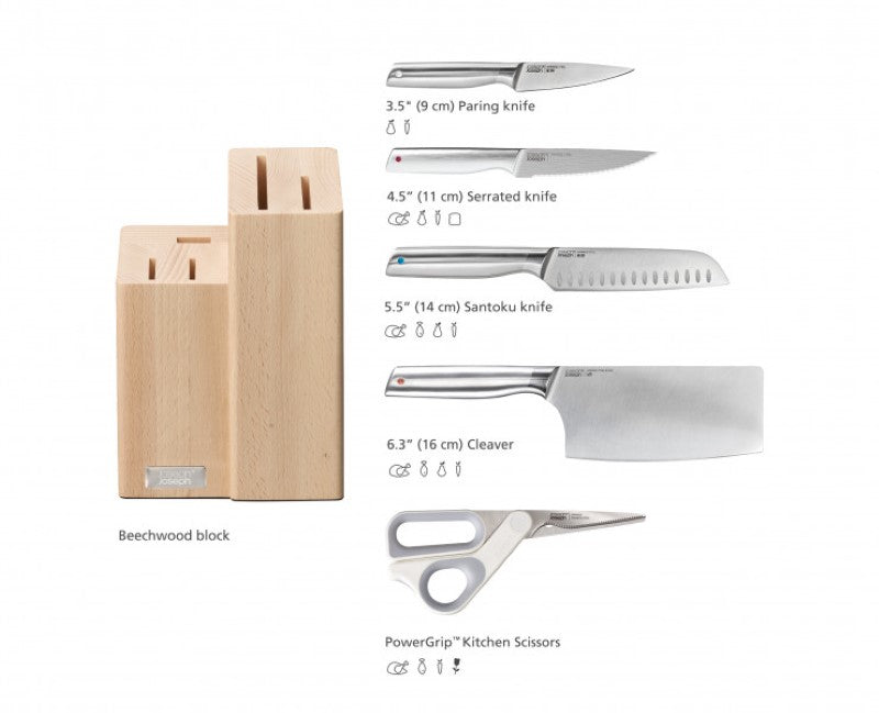 Joseph Joseph Elevate Fusion 5pc Knife & Scissor Block featuring premium Japanese knives and elegant beechwood storage.