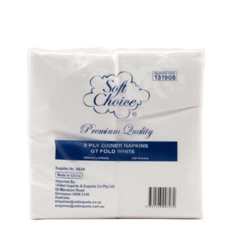 Serviette Dinner 2Ply 8/GtfoldWhite - Soft Choice - 100PC