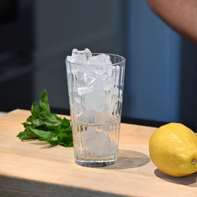 Set of 6 Bormioli Rocco Oxford Bar HiBall glasses, 395ml, designed with a modern faceted surface, durable and stackable.