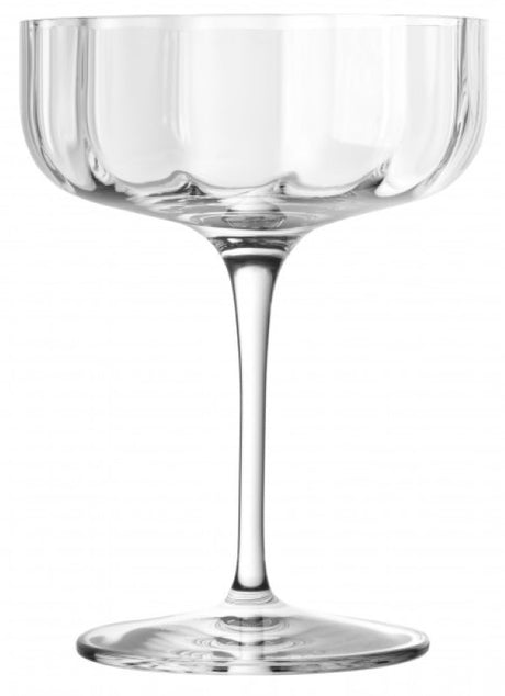 Set of 4 Luigi Bormioli Jazz Cocktail glasses featuring Art Deco design, durable lead-free crystal, and elegant curved stems.