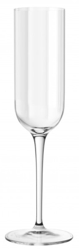 Set of 4 Luigi Bormioli Jazz Flutes featuring elegant curved lines, lead-free crystal, and textured ribbed design for champagne.