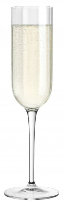 Set of 4 Luigi Bormioli Jazz Flutes, 210ml, Art Deco design, ultra-clear glass, durable, perfect for celebrations.