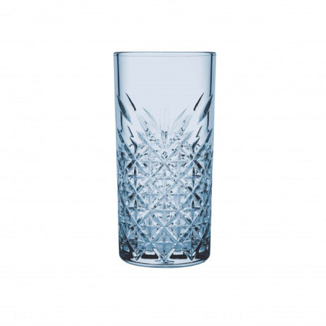 Set of 4 Pasabahce Timeless Highball glasses in striking blue, featuring cut glass design for elegant beverage serving.
