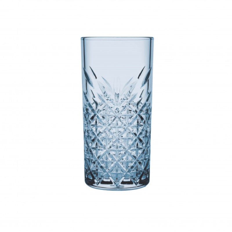 Set of 4 Pasabahce Timeless Highball glasses in striking blue, featuring cut glass design for elegant beverage serving.