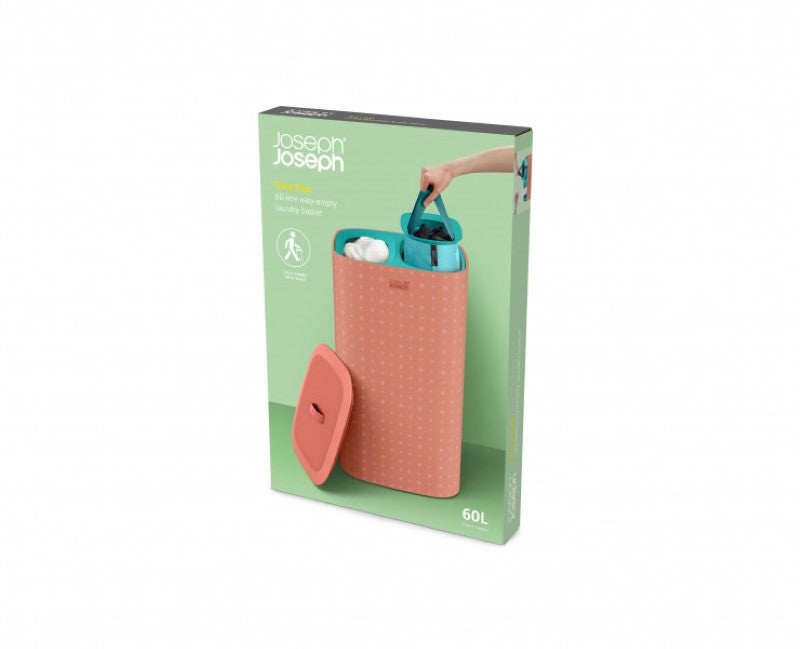 Joseph Joseph Tota Pop 60L Laundry Basket in Coral with tri-bag system for efficient laundry separation and stylish design.