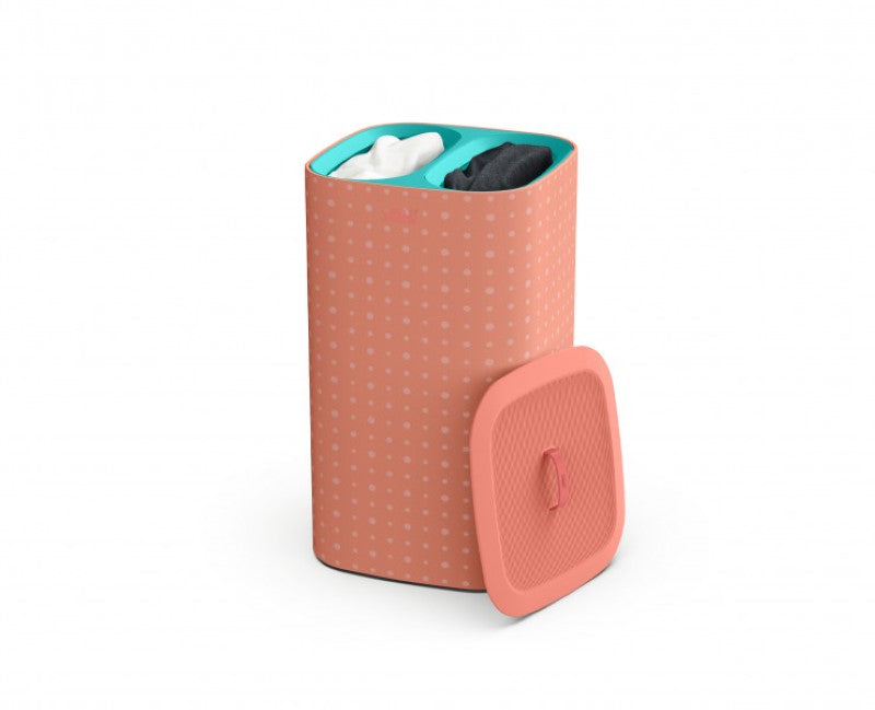 Joseph Joseph Tota Pop 60L laundry basket in coral with tri-bag system for easy sorting of light, dark, and colored fabrics.
