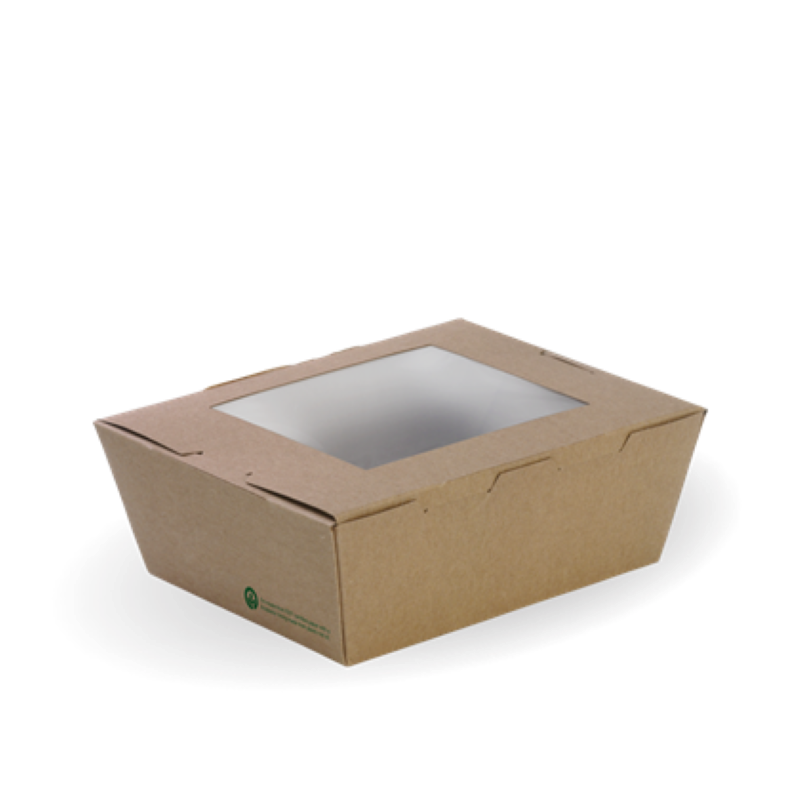 Box Lunch Cardboard Window PLALined Medium Brown 152x120x64m - Biopak - 50PC