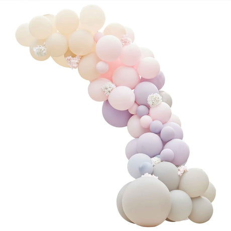 Luxe pink, lilac, and grey balloon arch kit with hydrangeas for elegant celebrations, includes 75 balloons and floral accents.