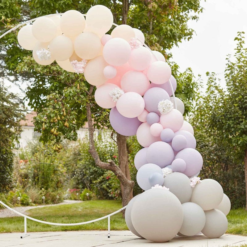 Luxe pink, lilac, and grey balloon arch kit with hydrangeas for elegant celebrations, including 75 balloons and easy assembly materials.