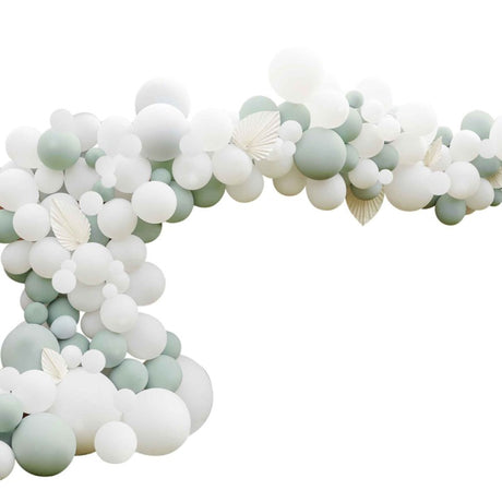Luxe Sage & White Balloon Arch pack with 200 balloons and fans for elegant party decor and memorable photo backdrops.