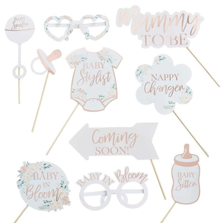 Baby in Bloom Rose Gold Photobooth Props Pack of 10 for chic baby shower memories.