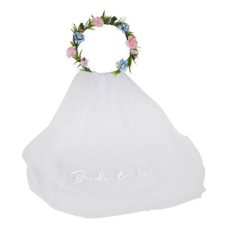 Boho Bride To Be veil and floral crown set, featuring a 30cm veil and 60cm crown for a whimsical bridal look.