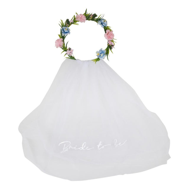 Boho Bride To Be veil and floral crown set, featuring a 30cm veil and 60cm crown for a whimsical bridal look.