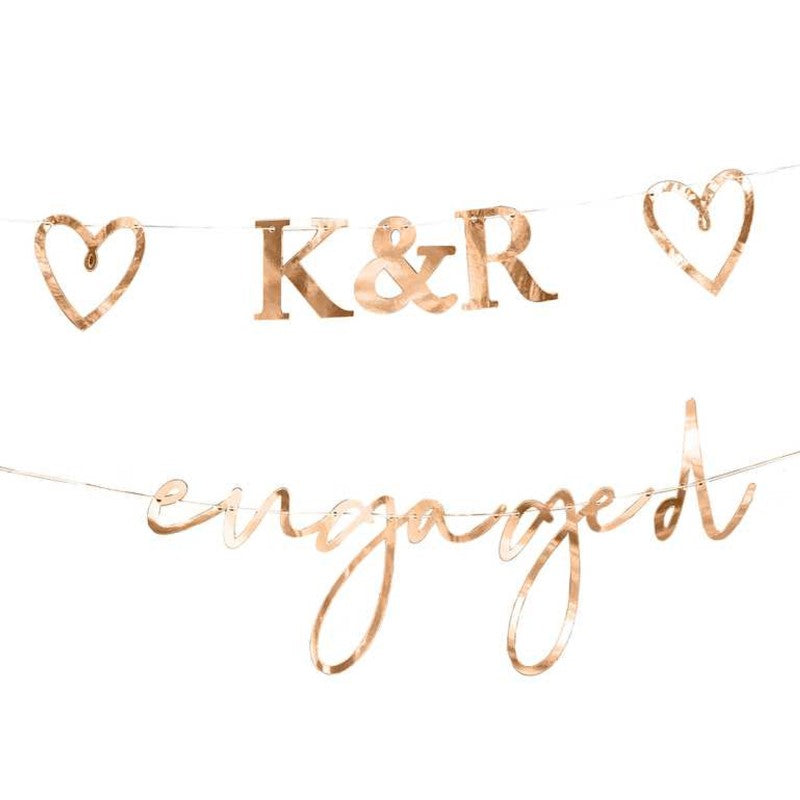 Engaged Bunting with Customisable Initials & Hearts Rose Gold 2m