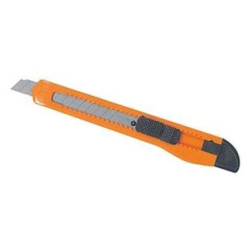 Compact 9mm snap-off blade knife with retractable blade and safety lock, ideal for light-duty cutting tasks.