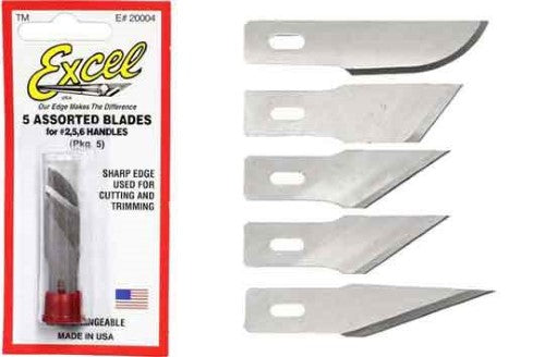 Set of 5 heavy-duty hobby blades for precise cutting, including straight, angled, and curved edges, ideal for various materials.