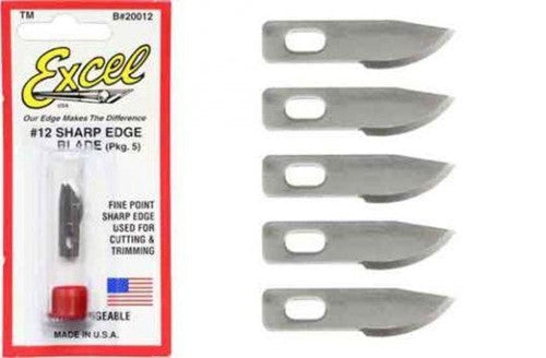Five Excel #12 mini curved replacement blades made of carbon steel for versatile crafting and hobby projects.