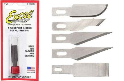 Pack of 5 Excel Hobby Knife Blades including assorted curved, stencil, chisel, and double honed blades, made in the USA.