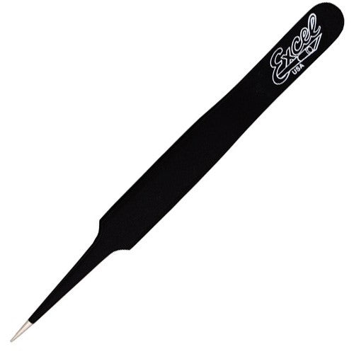 High-quality 4.5-inch straight point tweezers in black, perfect for precision tasks like jewelry making and microelectronics.
