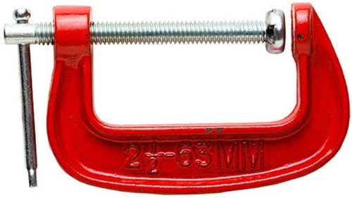 Vivid red 50mm metal 'G' clamp with smooth steel screw; ideal for securely gripping objects with ease.