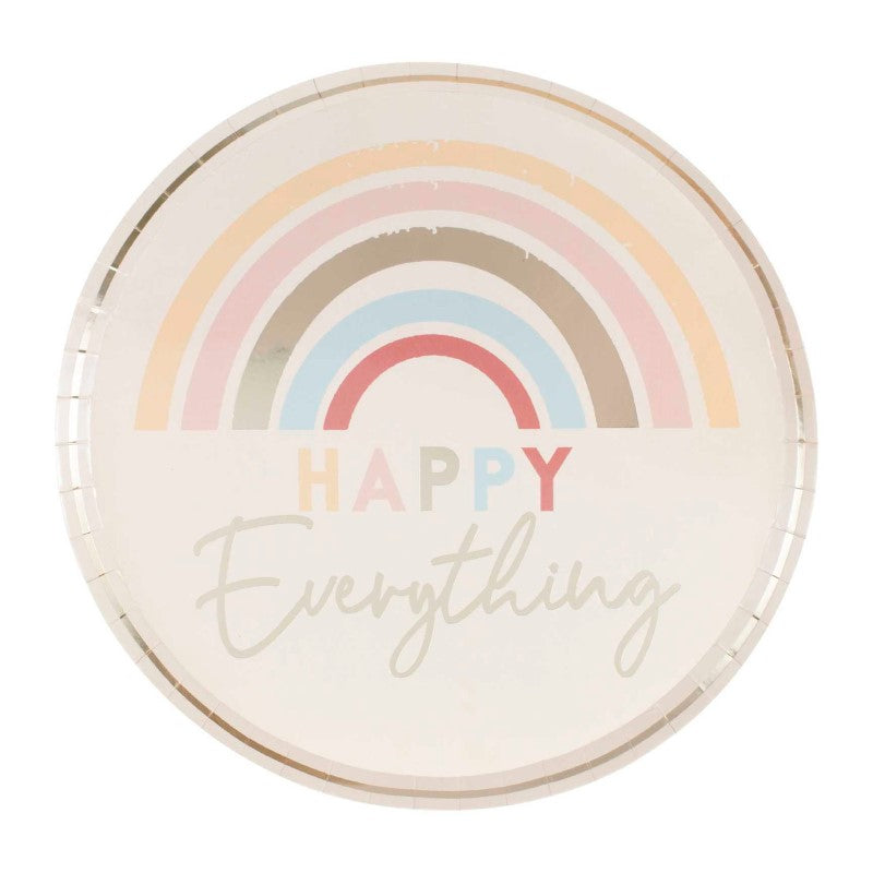 Pack of 8 'Happy Everything' 25cm gold-foiled paper plates featuring a vibrant rainbow design for festive celebrations.