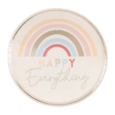 Pack of 8 'Happy Everything' 25cm gold-foiled paper plates featuring a vibrant rainbow design for festive celebrations.
