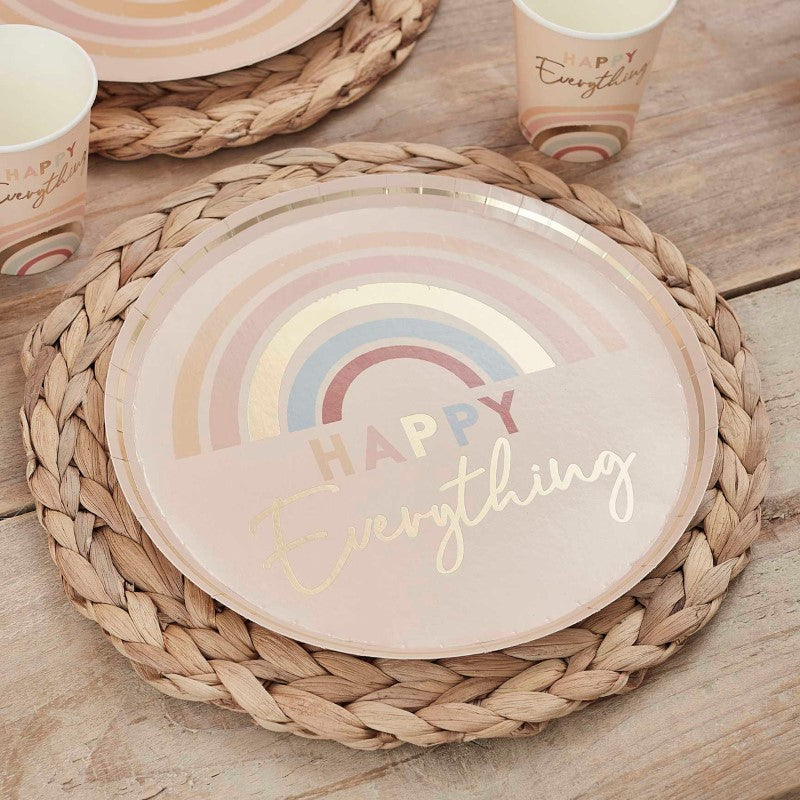 Pack of 8 gold-foiled 'Happy Everything' paper plates, 25cm, perfect for festive celebrations and birthdays.
