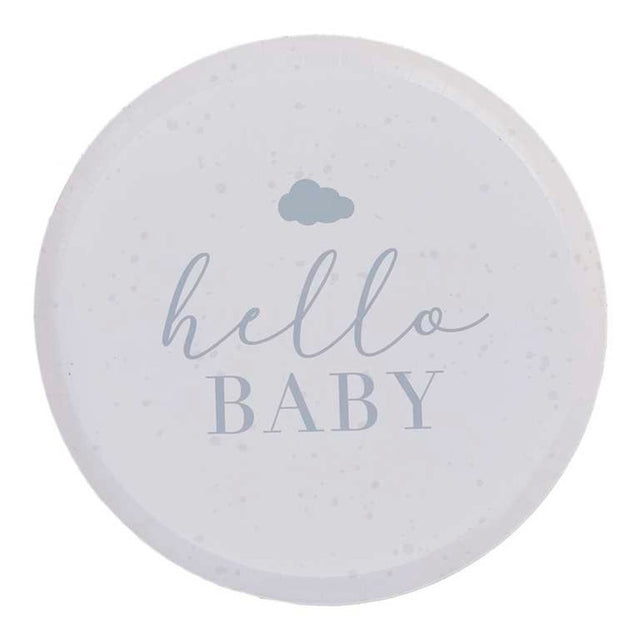 Speckled cream and grey disposable paper plates, 25cm, pack of 8, ideal for baby showers and stylish party settings.