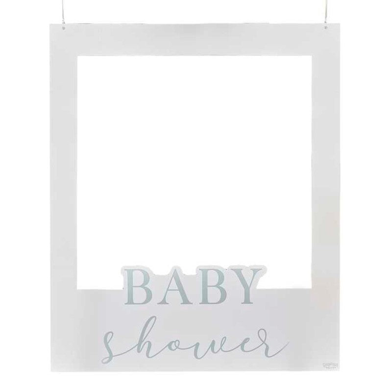 Off-white photo booth frame for baby showers, 72cm x 60cm, customizable with stickers for memorable photos.