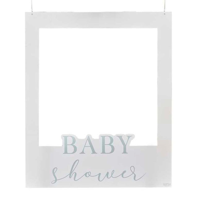 Off-white photo booth frame for baby showers, 72cm x 60cm, customizable with stickers for memorable photos.